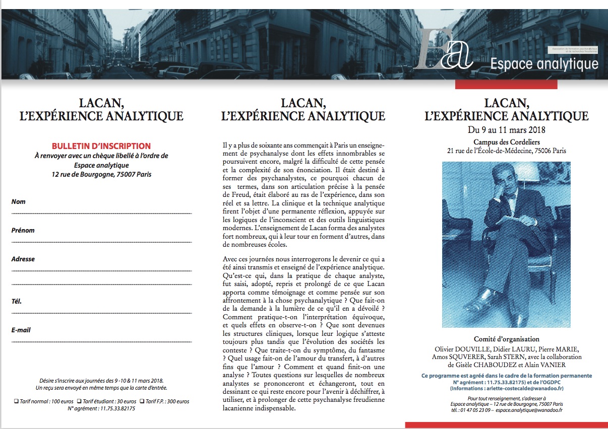 Colloque d&rsquo;Espace Analytique « Lacan, l’expérience analytique »